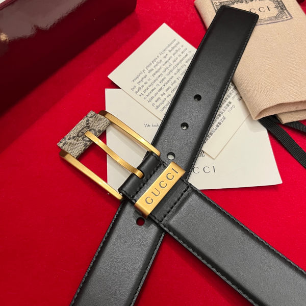 구찌 GG 캔버스 디테일 블랙 가죽 플레이트 버클 벨트 3.5cm
