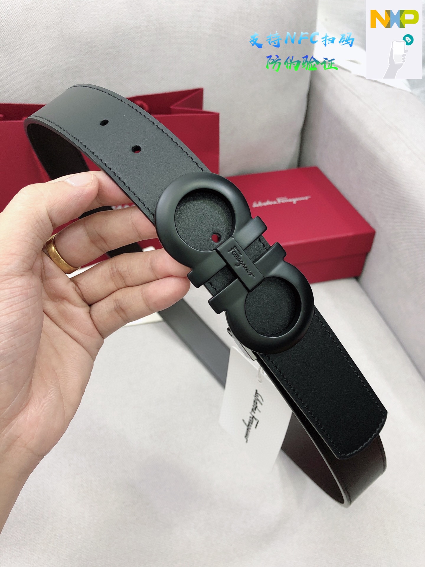 살바토레페라가모 무광 블랙 버클 가죽 벨트 3.5cm