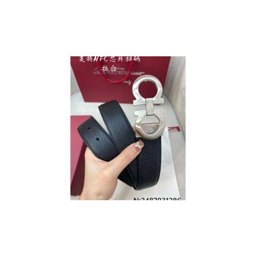 살바토레페라가모 실버 버클 가죽 블랙 벨트 3.5cm