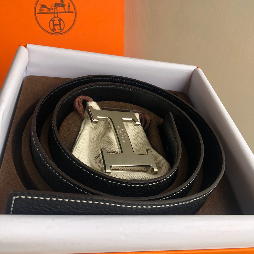 에르메스 실버 H버클 벨트 블랙 38mm
