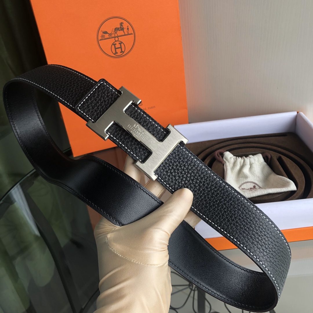 에르메스 실버 H버클 벨트 블랙 38mm
