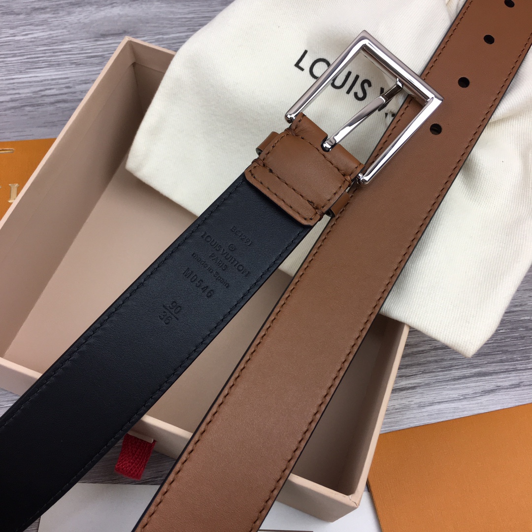 루이비통 레더 실버 버클 LV 각인 벨트 3.5cm 3컬러