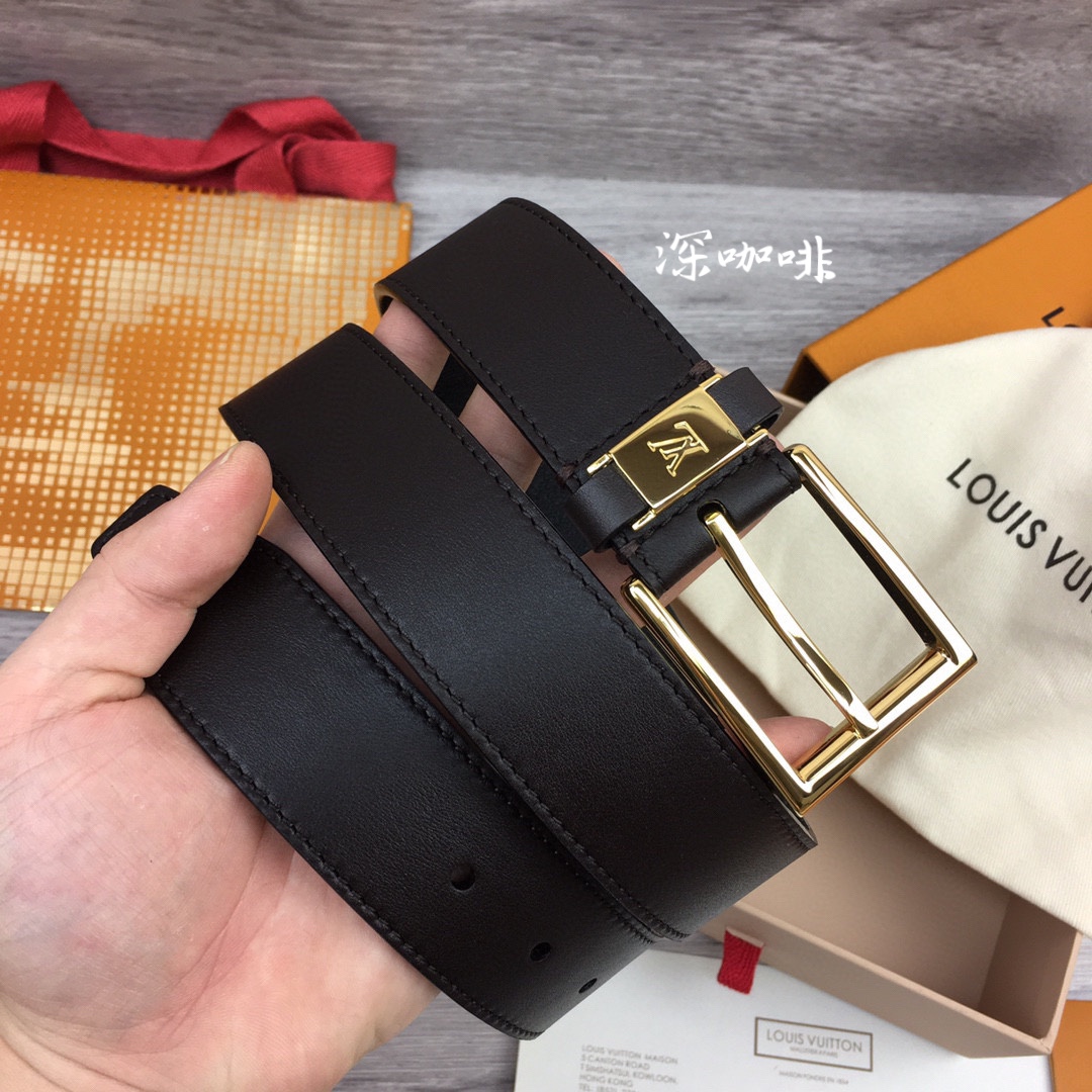 루이비통 레더 골드 버클 LV 각인 벨트 3.5cm 3컬러