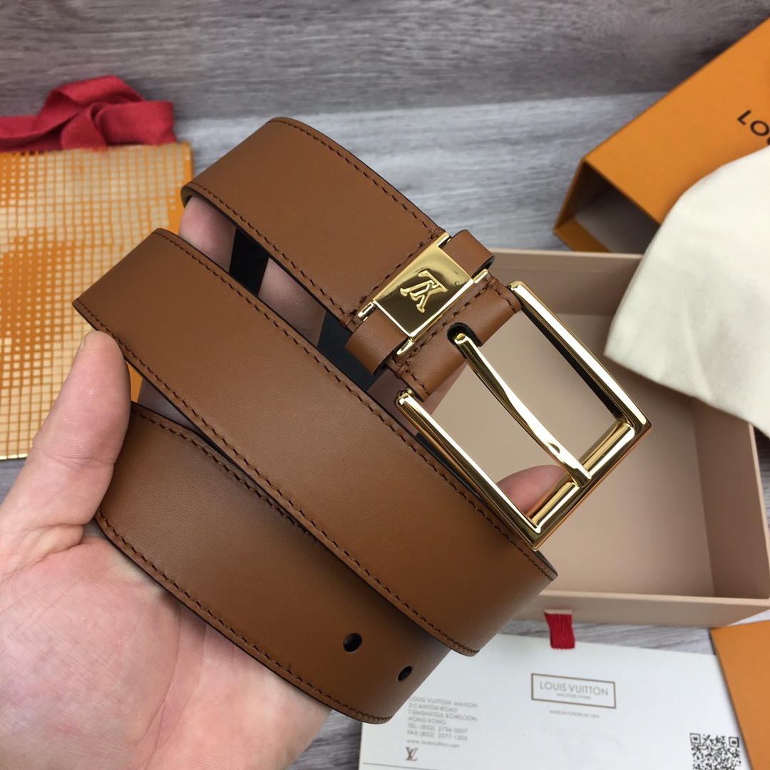루이비통 레더 골드 버클 LV 각인 벨트 3.5cm 3컬러