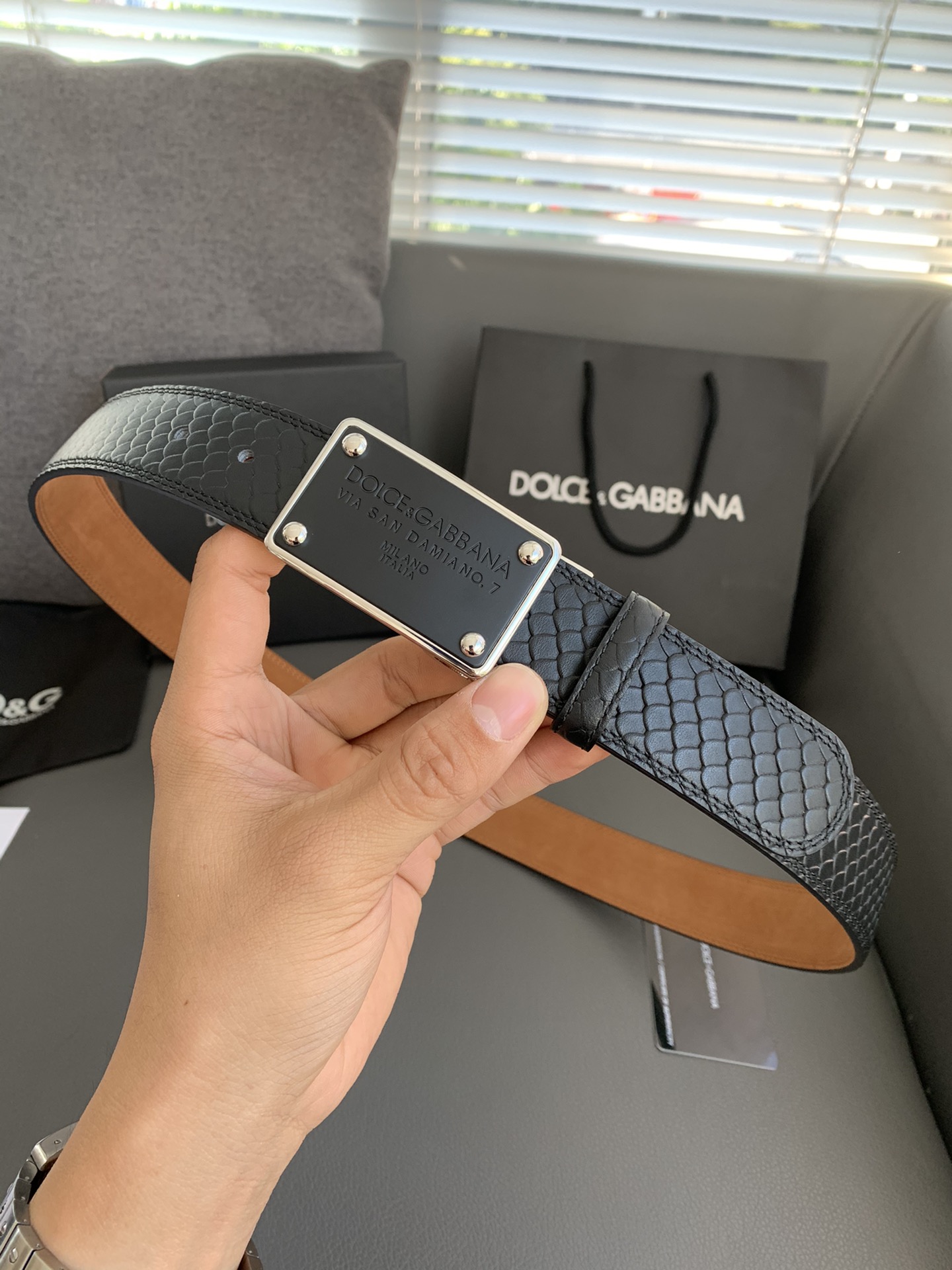 돌체앤가바나 모노그램 스퀘어 뱀무늬 벨트 3.5cm 4컬러