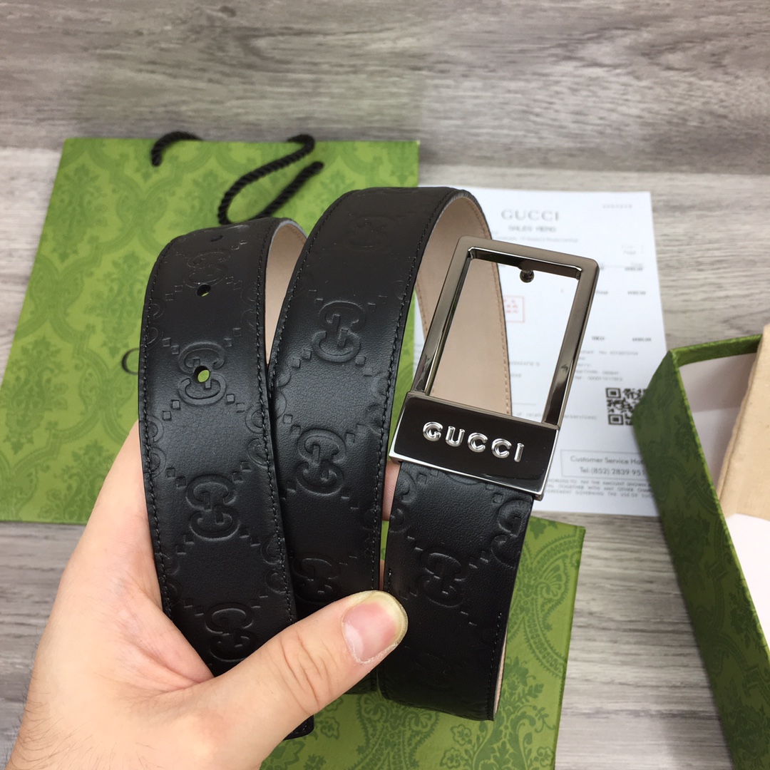 구찌 스퀘어 버클 엠보 GG로고 3.5cm 벨트 2컬러