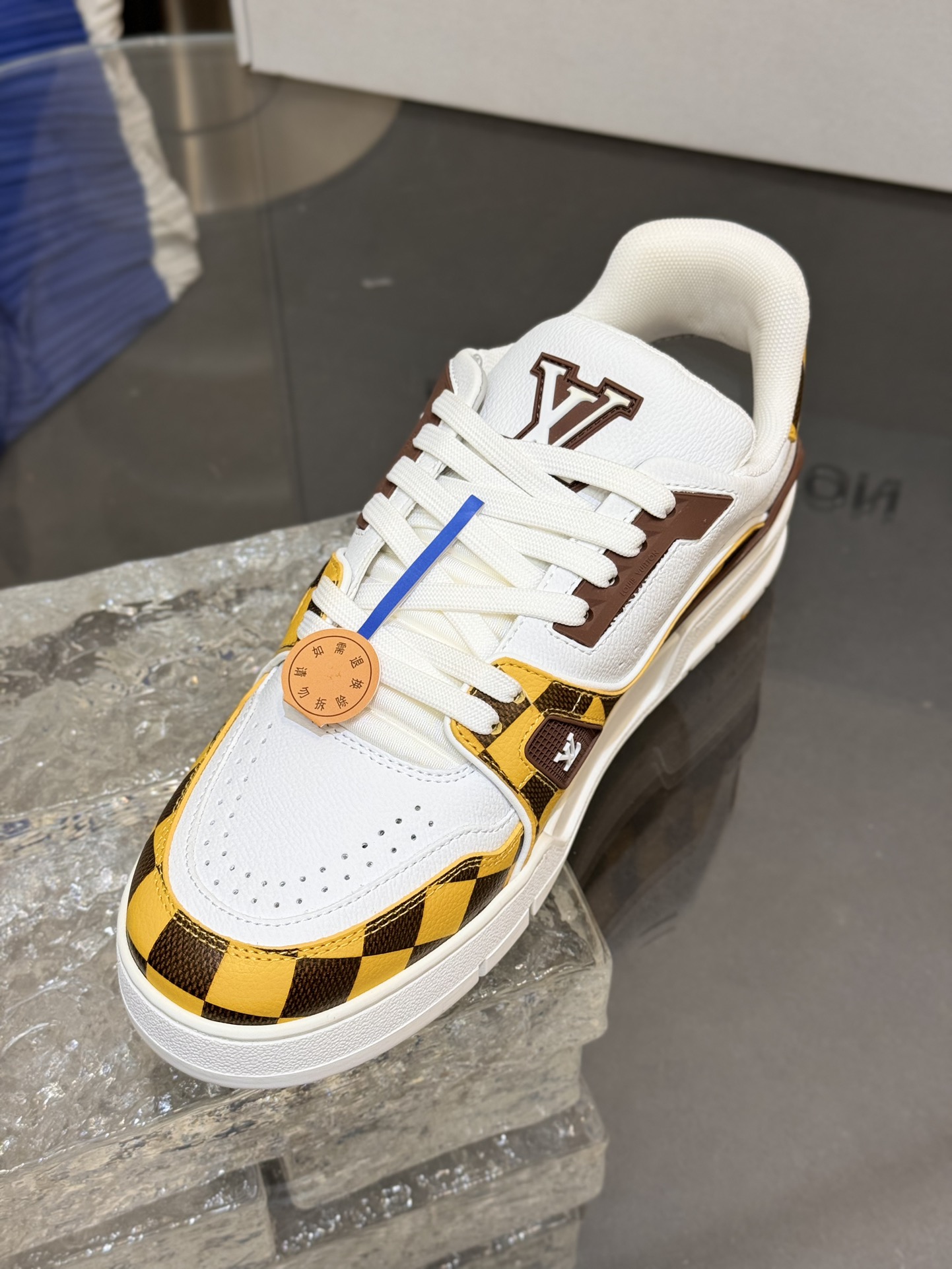 [152] L. LV 체커보드 이음 54# 스니커즈 옐로우