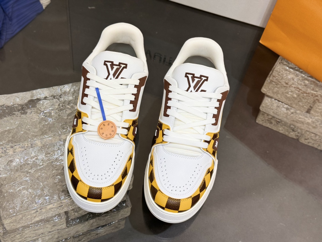[152] L. LV 체커보드 이음 54# 스니커즈 옐로우