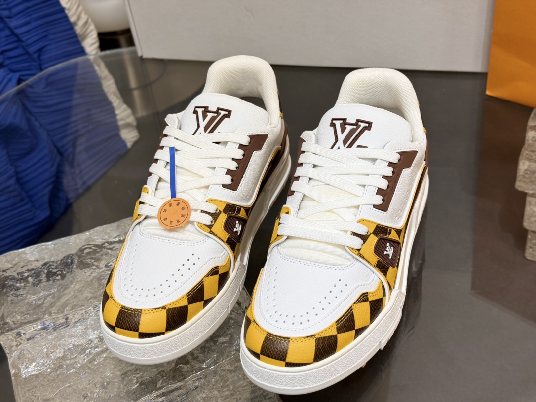 [152] L. LV 체커보드 이음 54# 스니커즈 옐로우