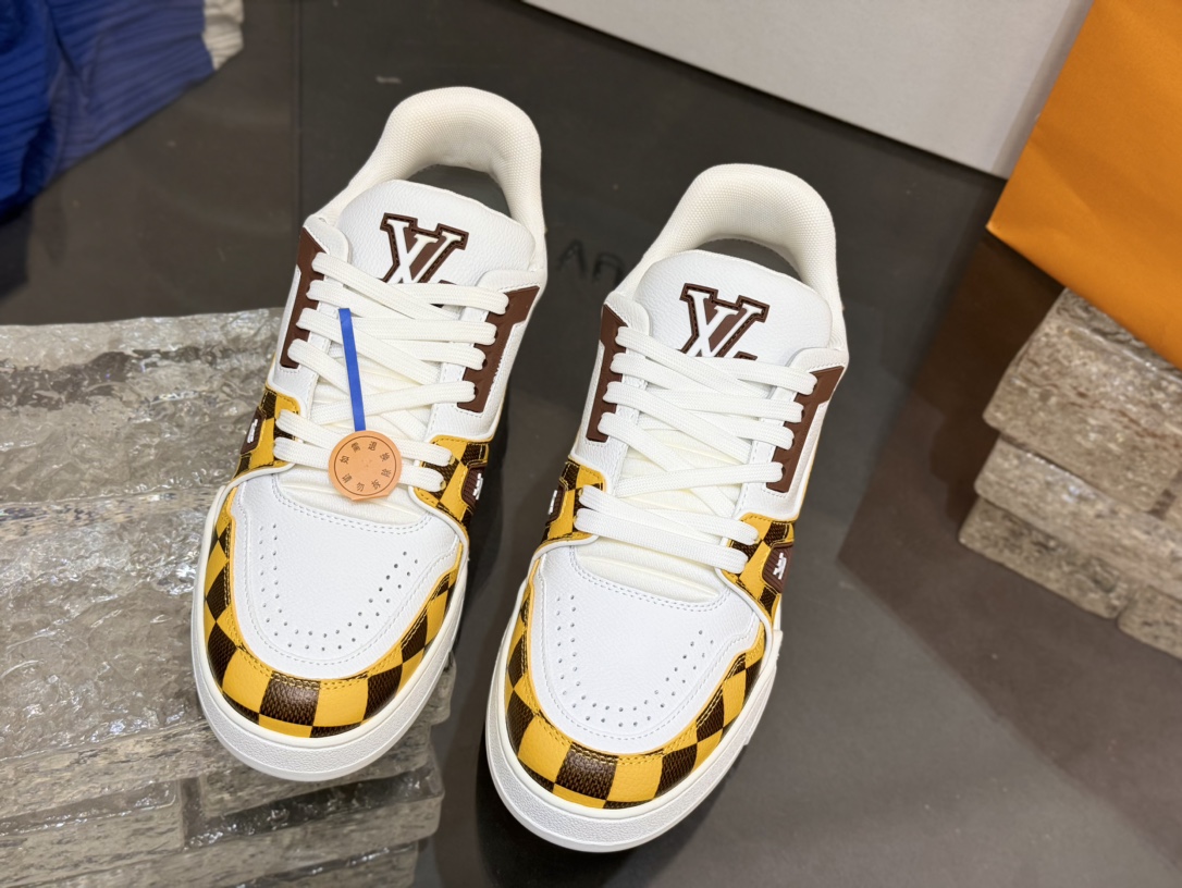 [152] L. LV 체커보드 이음 54# 스니커즈 옐로우